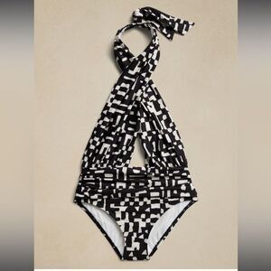 NWT Banana Republic Women’s XL Black Geometric One Piece Swimsuit Halter Plunge